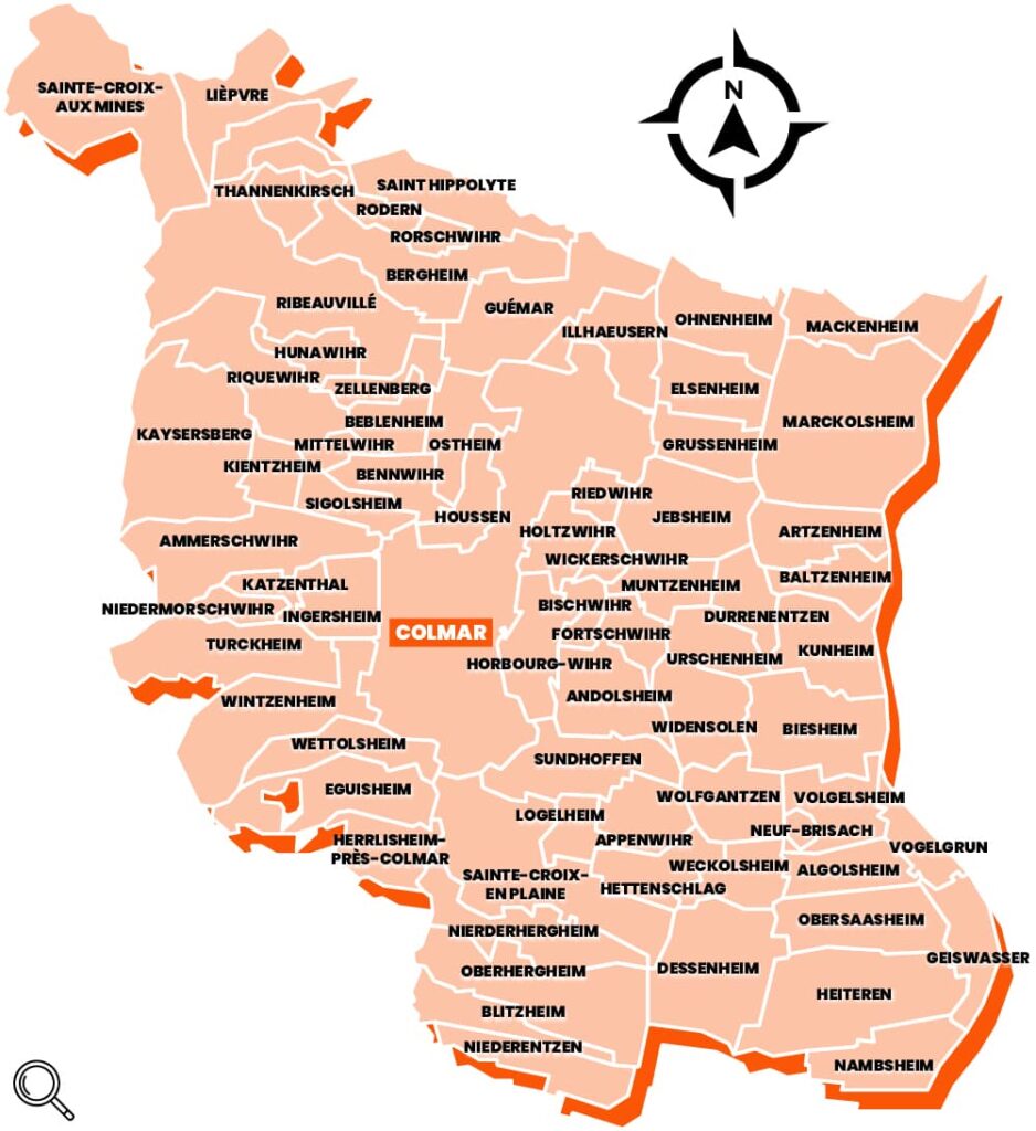 Carte des communes desservies par Anto Ramonage - Colmar et environs (Haut-Rhin et Bas-Rhin) Alsace